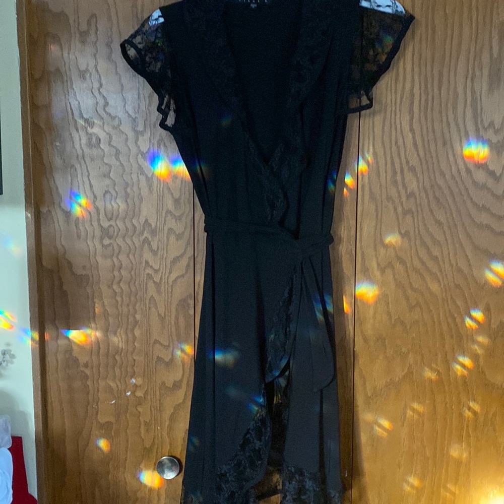 Black , above knee wrap dress, lace cap sleeve